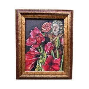 Vintage Amaryllis Oil Painting – Signed Floral Portrait in Ornate Gold Frame